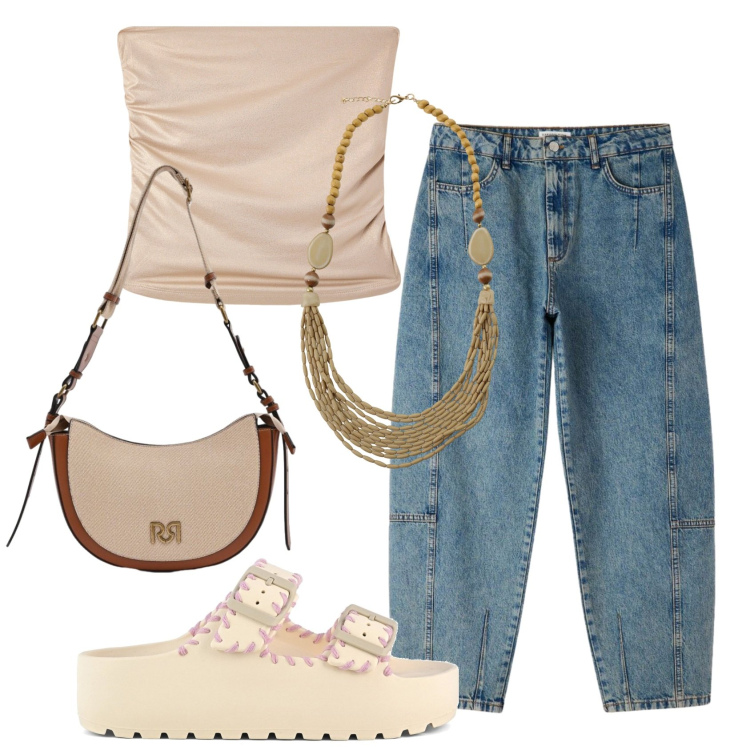 Outfit donna - Total look #2434060. Stile Trendy per Serata fuori. Abbinamento con jeans, top, borse a tracolla, collane, ciabatte.