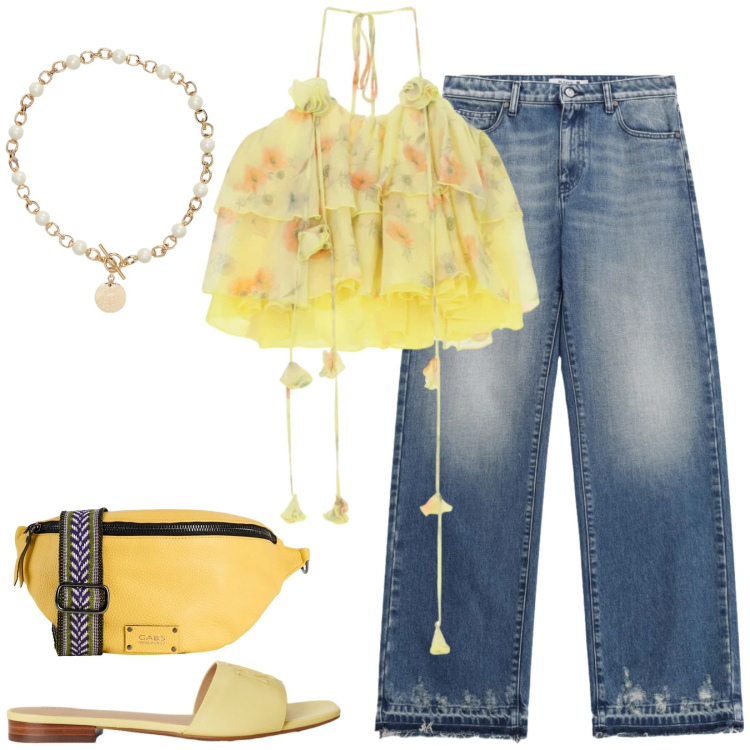 Outfit donna - Total look #2434061. Stile Casual chic per Tutti i giorni. Abbinamento con marsupi, collane, ciabatte, jeans, top.