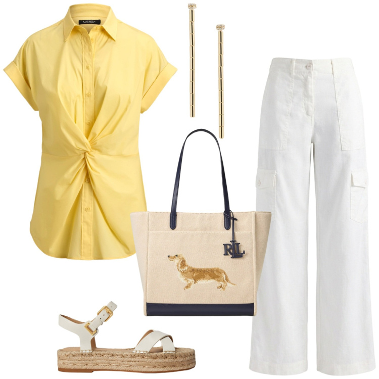 Outfit donna - Total look #2434066. Stile Casual chic per Tutti i giorni. Abbinamento con pantaloni cargo, camicie a manica corta, espadrillas, orecchini, borse tote.