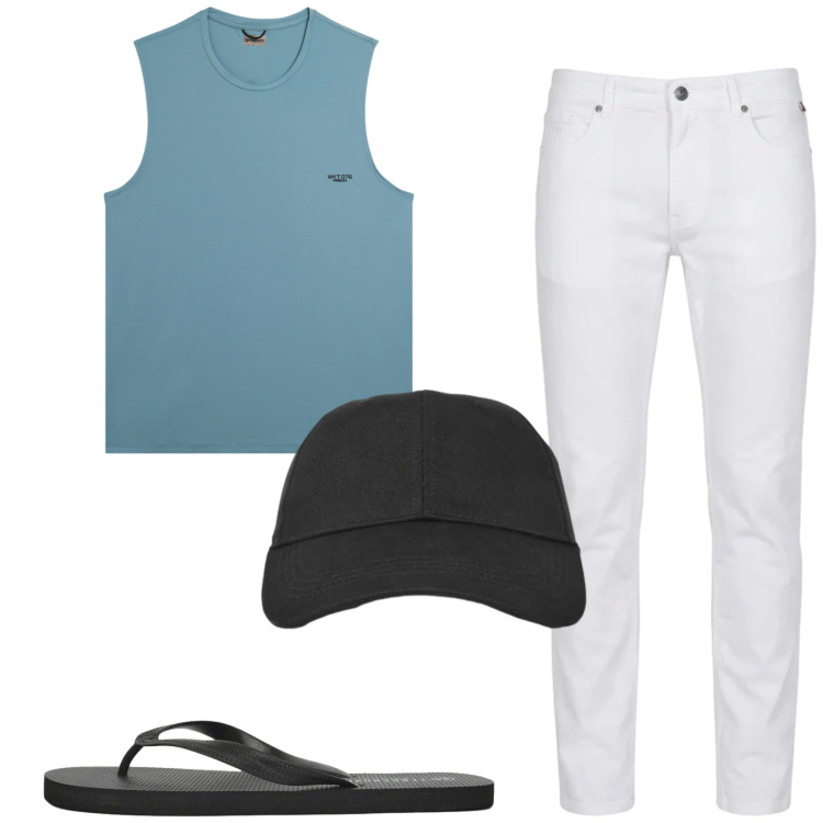 Outfit uomo - Total look #2434075. Stile Trendy per Tutti i giorni. Abbinamento con pantaloni, cappelli con visiera, sandali, canottiere.