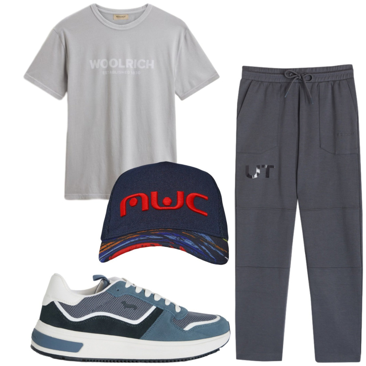 Outfit uomo - Total look #2434078. Stile Trendy per Sport. Abbinamento con cappelli con visiera, sneakers, pantaloni, t-shirt.
