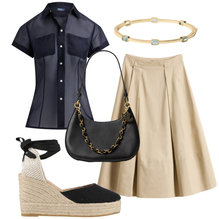 Outfit donna - Total look #2434079. Stile Bon Ton per Ufficio. Abbinamento con espadrillas, camicie a manica corta, borse a spalla, braccialetti, gonne lunghe.