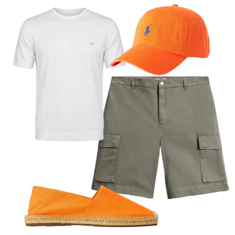Outfit uomo - Total look #2434087. Stile Casual per Tutti i giorni. Abbinamento con t-shirt, pantaloni corti, cappelli con visiera, espadrillas.