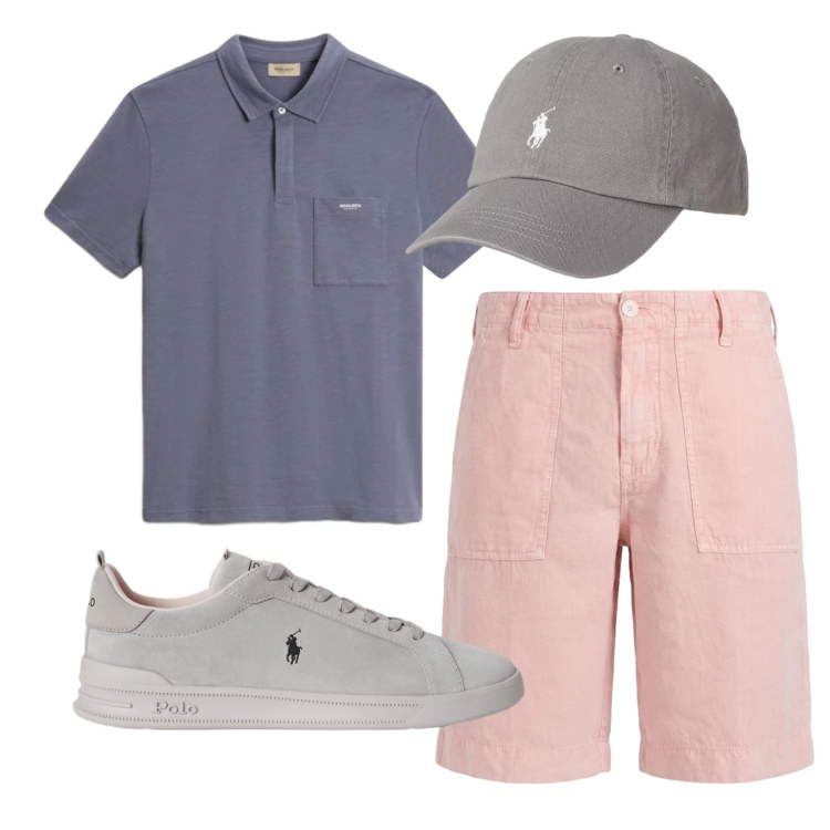 Outfit uomo - Total look #2434099. Stile Casual per Tutti i giorni. Abbinamento con bermuda, polo, sneakers, cappelli con visiera.
