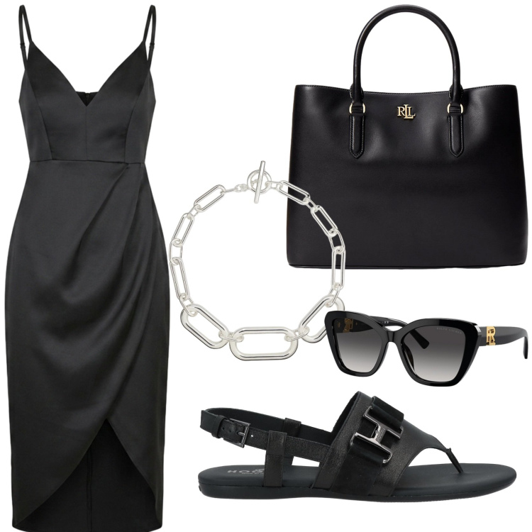 Outfit donna - Goth estivo. Stile Glamour per Serata fuori. Abbinamento con infradito, occhiali da sole, borse a mano, collane, vestiti asimmetrici.