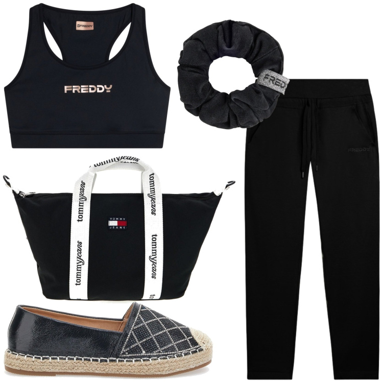 Outfit donna - In palestra con stile. Stile Casual per Sport. Abbinamento con accessori per capelli, pantaloni, top, espadrillas, shopping bag.