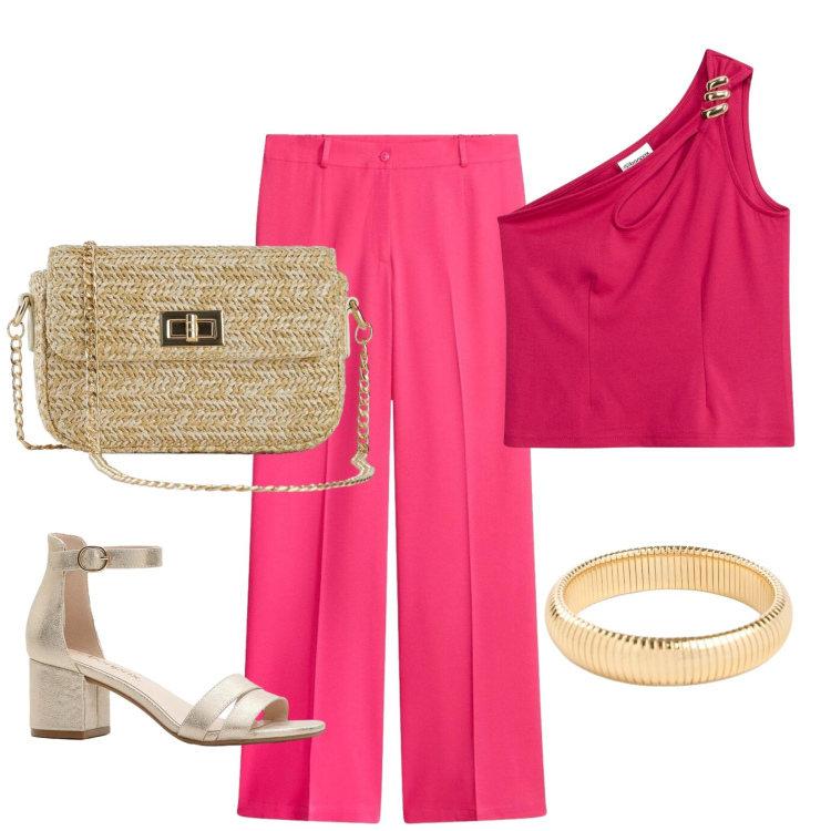 Outfit donna - Accendiamo l\'estate. Stile Glamour per Serata fuori. Abbinamento con pantaloni, top, sandali col tacco, braccialetti, borse a tracolla.