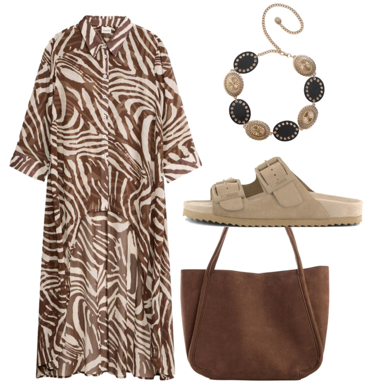 Outfit donna - Juillet. Stile Bon Ton per Tutti i giorni. Abbinamento con vestiti chemisier, shopping bag, cinture, sandali in pelle.