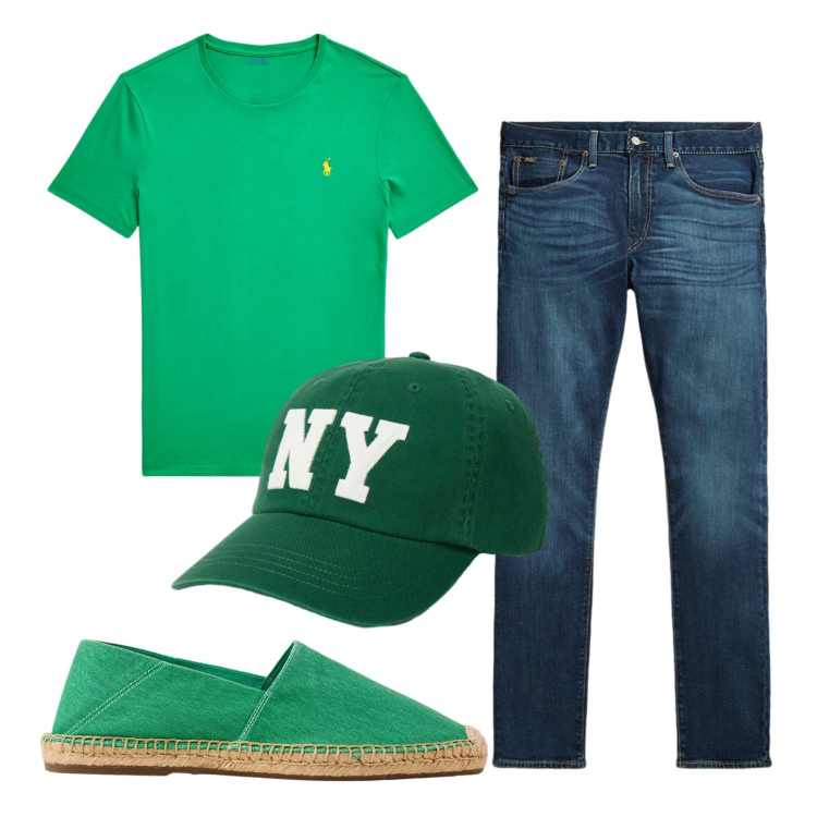 Outfit uomo - Total look #2434134. Stile Casual per Tutti i giorni. Abbinamento con t-shirt, jeans, cappelli con visiera, espadrillas.