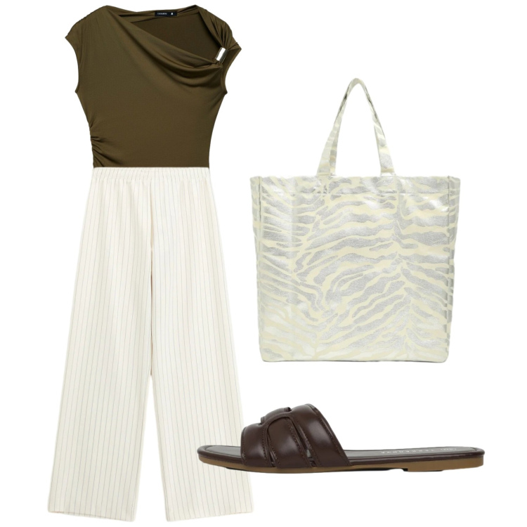Outfit donna - July. Stile Bon Ton per Tutti i giorni. Abbinamento con top, shopping bag, ciabatte, pantaloni a palazzo.