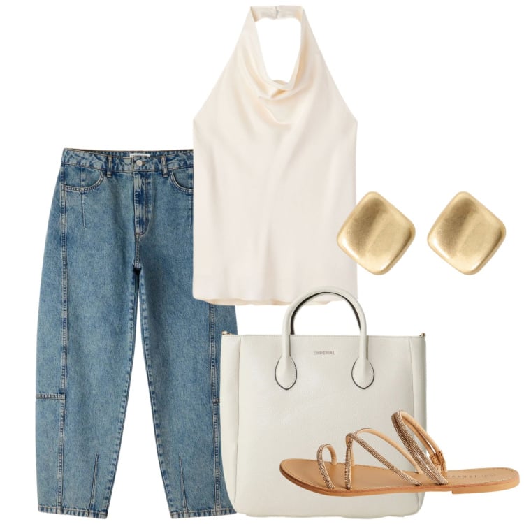 Outfit donna - Luglio in jeans. Stile Casual chic per Tutti i giorni. Abbinamento con canottiere, jeans, sandali, borse a tracolla, orecchini.