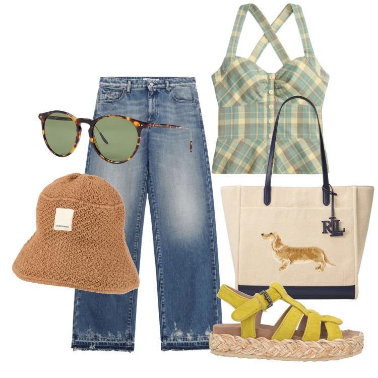 Outfit donna - Luglio. Stile Trendy per Tutti i giorni. Abbinamento con espadrillas, cappelli, occhiali da sole, top, borse tote, jeans.