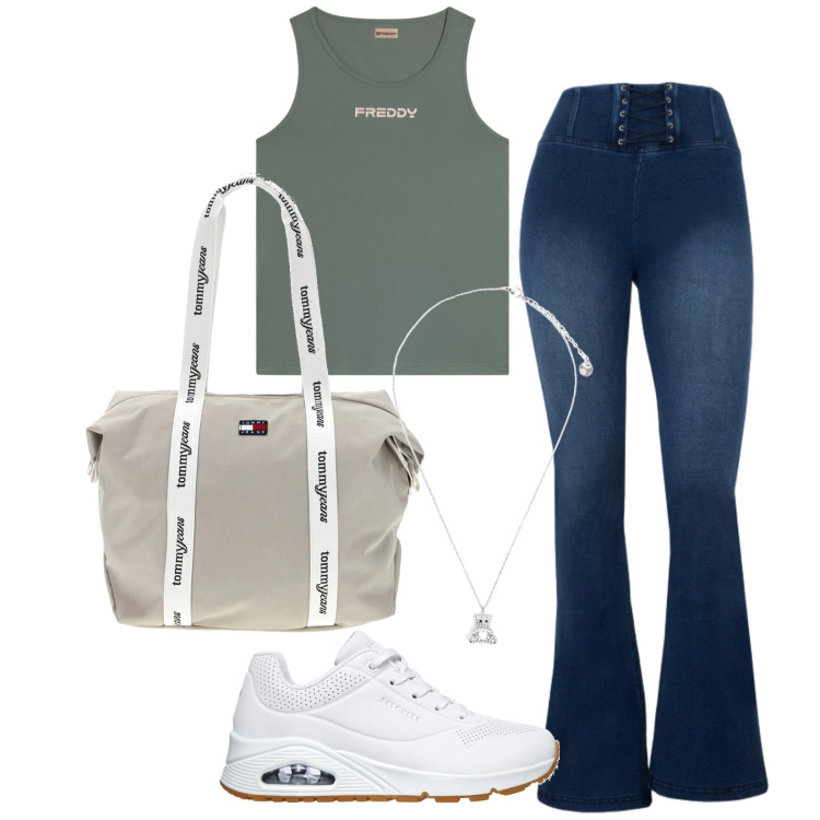 Outfit donna - Dinamica. Stile Casual per Tutti i giorni. Abbinamento con pantaloni, canottiere, ciondoli, sneakers, shopping bag.
