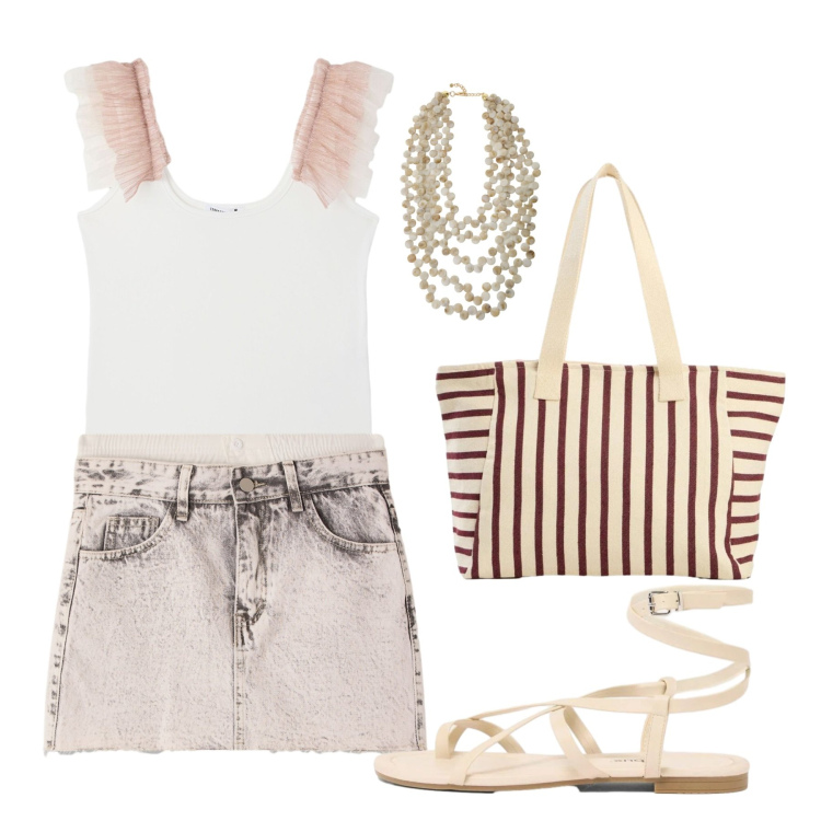 Outfit donna - July. Stile Casual chic per Tutti i giorni. Abbinamento con sandali, shopping bag, canottiere, minigonne, collane.