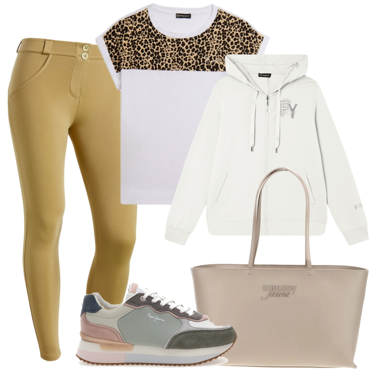 Outfit donna - Total look #2434144. Stile Sporty chic per Tutti i giorni. Abbinamento con pantaloni skinny, felpe con cappuccio, t-shirt, sneakers, borse a spalla.