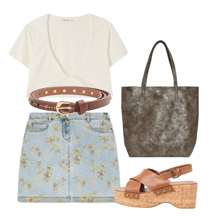 Outfit donna - July. Stile Bon Ton per Tutti i giorni. Abbinamento con zeppe, shopping bag, top, cinture, minigonne.