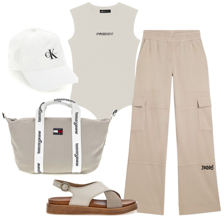 Outfit donna - Comodità chic. Stile Sporty chic per Tutti i giorni. Abbinamento con pantaloni cargo, top, sandali, shopping bag, cappelli con visiera.