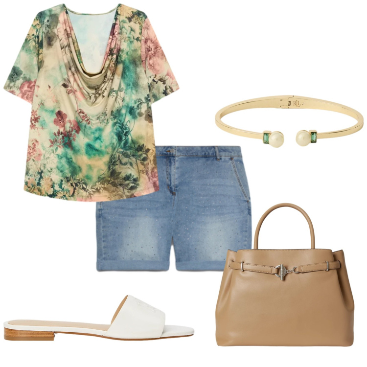 Outfit donna - Total look #2434148. Stile Minimal per Tutti i giorni. Abbinamento con shorts, bluse, ciabatte, braccialetti, borse a mano.