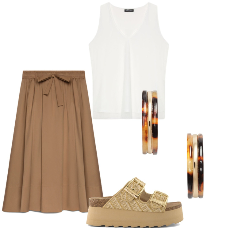 Outfit donna - Total look #2434151. Stile Minimal per Tutti i giorni. Abbinamento con gonne lunghe, top, orecchini, zeppe.