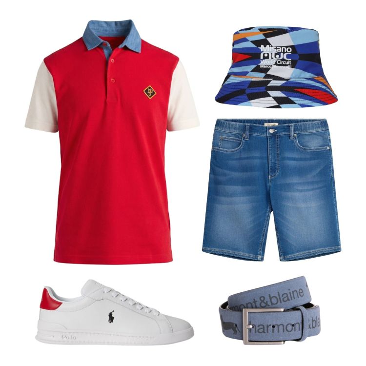 Outfit uomo - Polo protagonista. Stile Urban per Mare. Abbinamento con bermuda, cinture, polo, cappelli, sneakers.