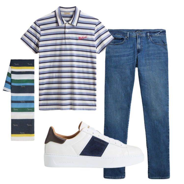 Outfit uomo - Total look #2434157. Stile Casual per Tutti i giorni. Abbinamento con sciarpe, jeans, sneakers, polo.