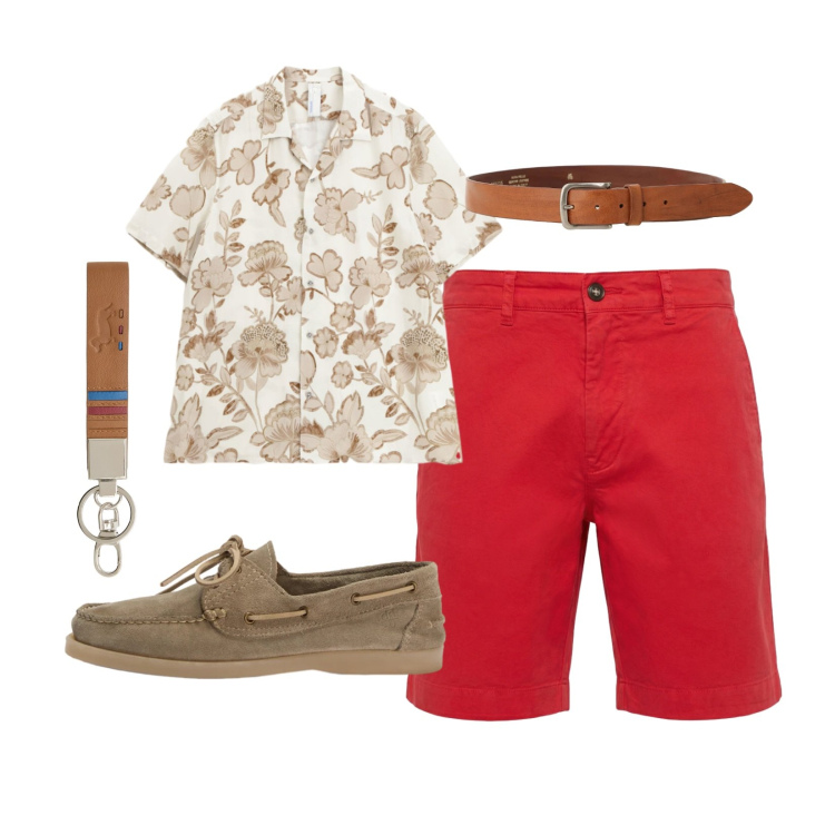 Outfit uomo - Look easy. Stile Casual per Mare. Abbinamento con portachiavi, scarpe stringate, bermuda, camicie a manica corta, cinture.