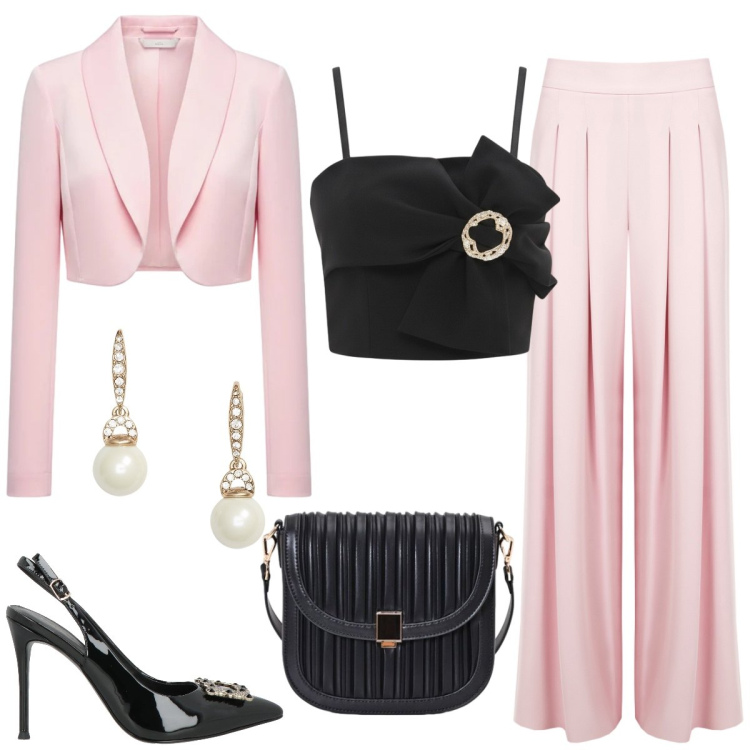 Outfit donna - Total look #2434171. Stile Chic per Cerimonia. Abbinamento con décolleté, pantaloni a palazzo, blazer, top, borse a tracolla, orecchini.