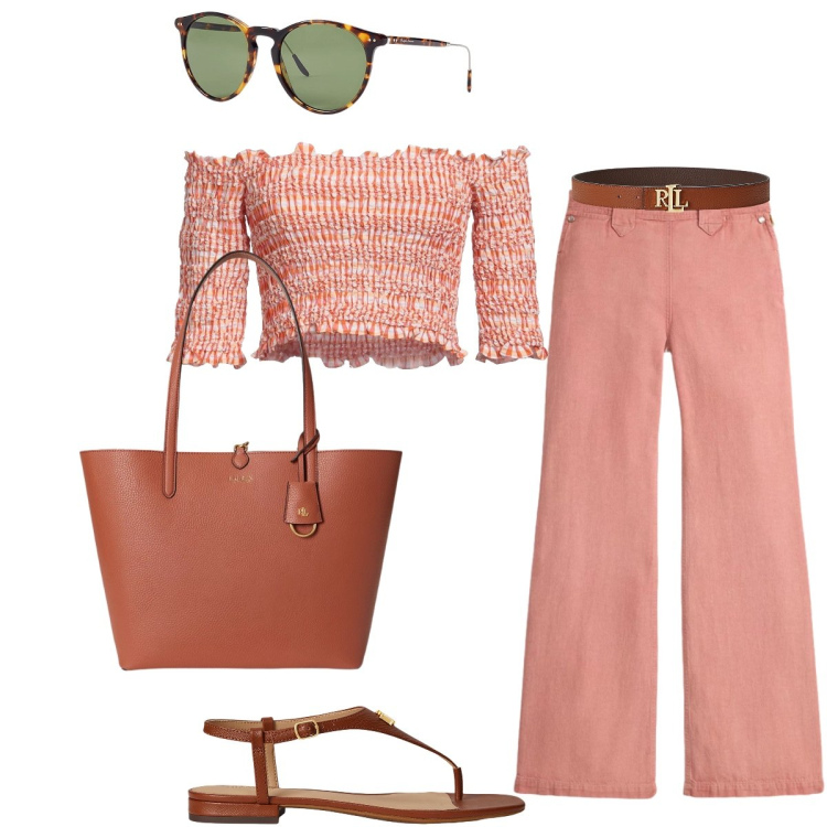 Outfit donna - In città. Stile Chic per Tutti i giorni. Abbinamento con top, cinture, occhiali da sole, sandali in pelle, borse tote, pantaloni.
