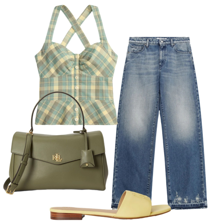 Outfit donna - Total look #2434177. Stile Preppy per Ufficio. Abbinamento con top, ciabatte, borse a mano, jeans.