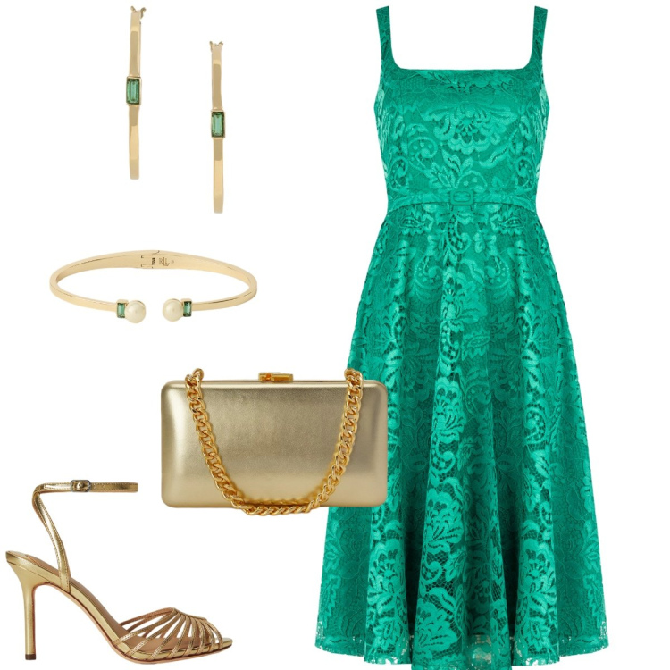 Outfit donna - Total look #2434178. Stile Chic per Cerimonia. Abbinamento con vestiti midi/longuette, clutch, sandali in pelle, orecchini, braccialetti.