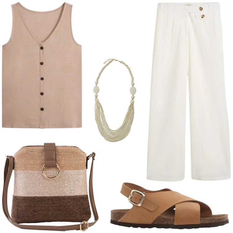 Outfit donna - Bianco e beige combo raffinata. Stile Casual chic per Tutti i giorni. Abbinamento con top, borse a tracolla, pantaloni, sandali in pelle, collane.