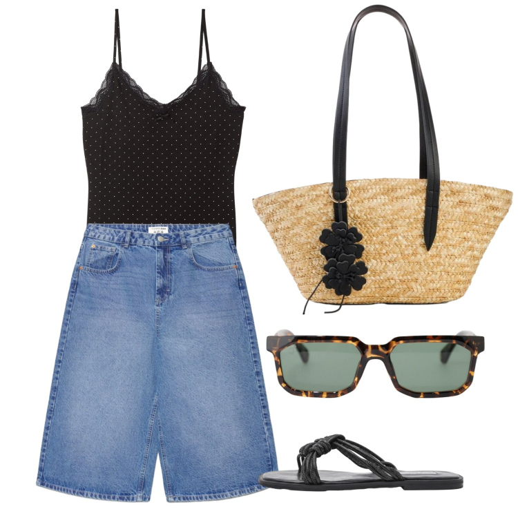 Outfit donna - July. Stile Casual chic per Tutti i giorni. Abbinamento con shopping bag, top, pantaloni corti, sandali, occhiali da sole.