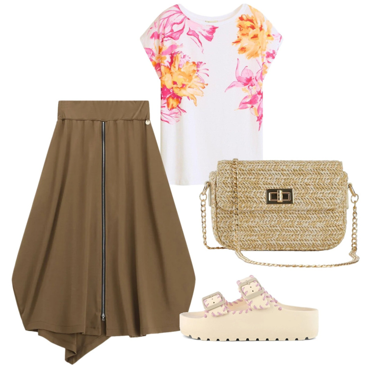 Outfit donna - Luglio zip. Stile Romantica per Tutti i giorni. Abbinamento con borse a tracolla, t-shirt, gonne longuette, ciabatte.