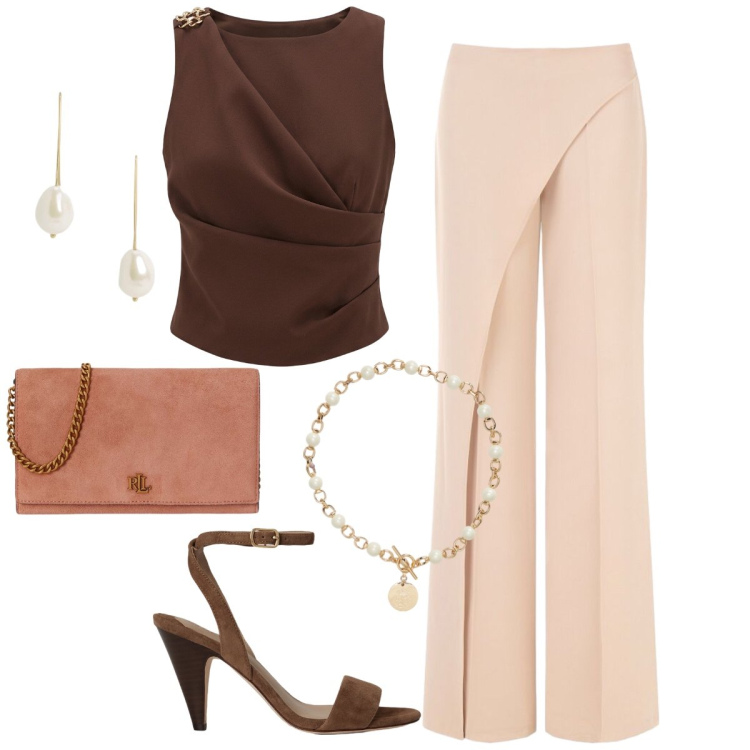 Outfit donna - Total look #2434187. Stile Chic per Cerimonia. Abbinamento con sandali in pelle, collane, orecchini, borse a tracolla, canottiere, pantaloni.