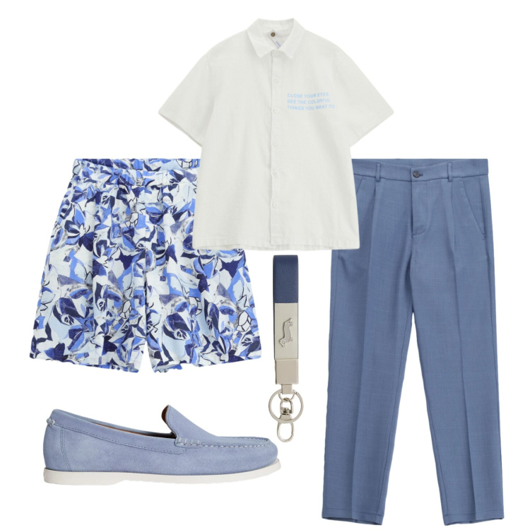 Outfit uomo - Mediterranean. Stile Urban per Tutti i giorni. Abbinamento con portachiavi, scarpe stringate, pantaloni, camicie a manica corta, bermuda.