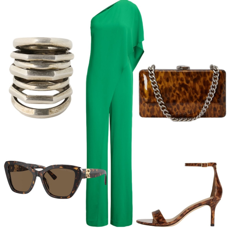 Outfit donna - Total look #2434199. Stile Chic per Cerimonia. Abbinamento con tute, sandali in pelle, clutch, occhiali da sole, anelli.