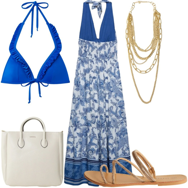 Outfit donna - Abiti fluidi d’estate - in blu. Stile Trendy per Mare. Abbinamento con vestiti lunghi, sandali, bikini, collane, borse a tracolla.