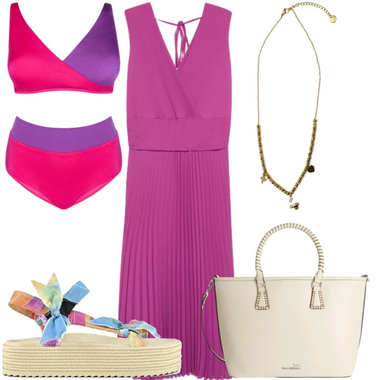 Outfit donna - Abiti fluidi d’estate - in viola. Stile Trendy per Mare. Abbinamento con shopping bag, vestiti lunghi, bikini, ciondoli, sandali.