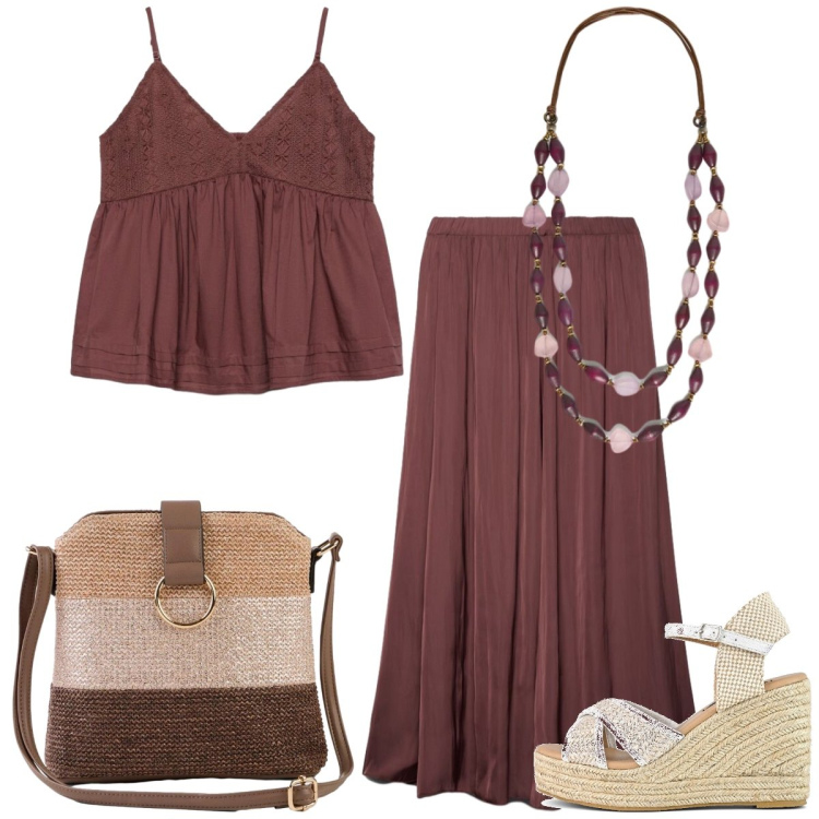 Outfit donna - Total look #2434210. Stile Boho per Tutti i giorni. Abbinamento con borse a tracolla, gonne longuette, canottiere, collane, zeppe.