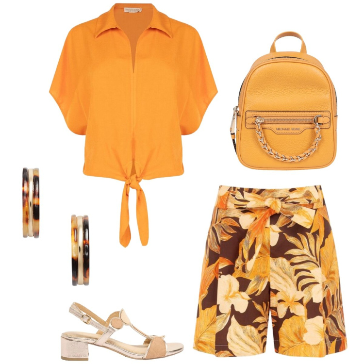 Outfit donna - Total look #2434223. Stile Casual chic per Tutti i giorni. Abbinamento con zaini, sandali col tacco, pantaloni corti, camicie a manica corta, orecchini.