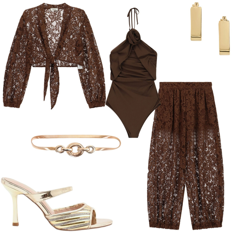 Outfit donna - Sun swim e style. Stile Casual per Serata fuori. Abbinamento con cinture, sabot, costumi interi, pantaloni a palazzo, camicie, orecchini.