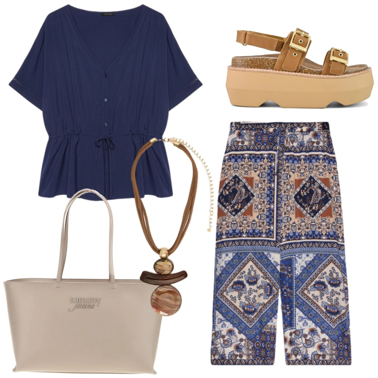 Outfit donna - Total look #2434233. Stile Minimal per Tutti i giorni. Abbinamento con pantaloni, bluse, ciondoli, sandali col tacco, borse a spalla.