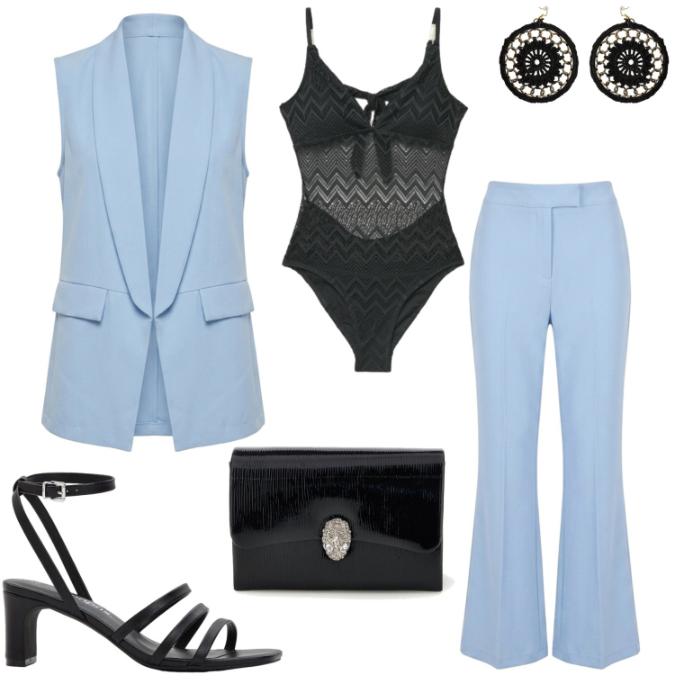 Outfit donna - Sun swim e style. Stile Casual chic per Serata fuori. Abbinamento con sandali col tacco, costumi interi, orecchini, gilet, pantaloni a palazzo, pochette.
