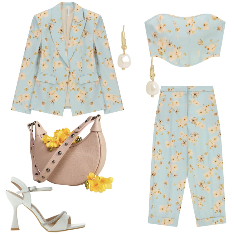 Outfit donna - Il completo a fiori dai colori delicati. Stile Romantica per Serata fuori. Abbinamento con blazer, top, pantaloni, sandali gioiello, borse a spalla, orecchini.