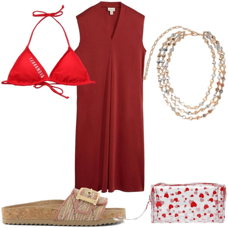Outfit donna - Abiti fluidi d’estate - in rosso. Stile Trendy per Mare. Abbinamento con vestiti, valigie, bikini, collane, sandali.