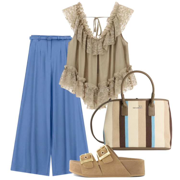 Outfit donna - Luglio. Stile Chic per Tutti i giorni. Abbinamento con shopping bag, top, pantaloni a palazzo, sandali in pelle.