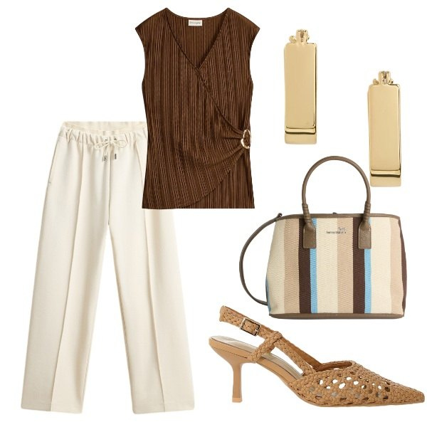 Outfit donna - A cena fuori. Stile Casual chic per Serata fuori. Abbinamento con canottiere, shopping bag, décolleté, orecchini, pantaloni.