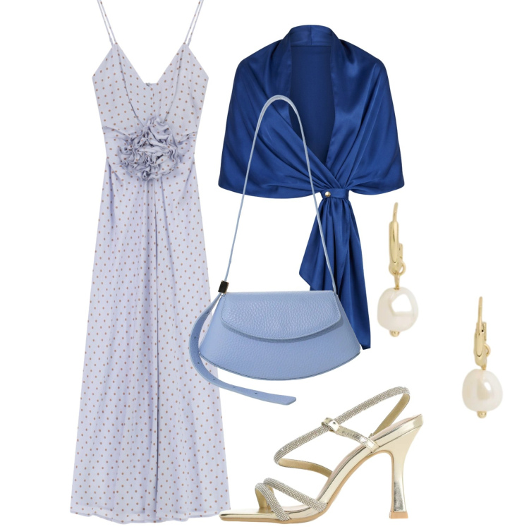 Outfit donna - Cerimonia in piena estate. Stile Glamour per Cerimonia. Abbinamento con stole, vestiti lunghi, borse a spalla, sandali col tacco, orecchini.