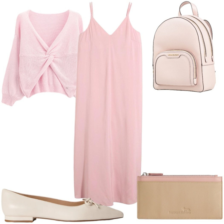 Outfit donna - Abiti fluidi d’estate - minimal. Stile Minimal per Tutti i giorni. Abbinamento con zaini, vestiti midi/longuette, portafogli, cardigans, ballerine.