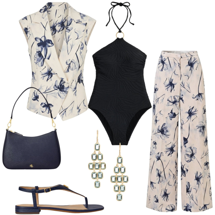 Outfit donna - Sun swim e style. Stile Casual chic per Serata fuori. Abbinamento con pantaloni a palazzo, gilet, borse a spalla, costumi interi, sandali in pelle, orecchini.